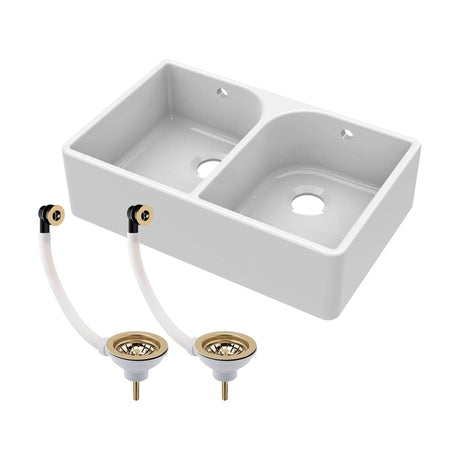 Balterley Fireclay Ceramic Double Bowl Butler Kitchen Sink with Full Weir, Tap Ledge, Overflows and Brushed Brass Wastes, 795mm