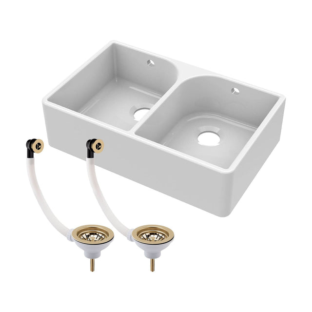 [BKS211W1] Fireclay Ceramic Double Bowl Butler Kitchen Sink with Full Weir, Tap Ledge, Overflows and Wastes, 795mm - Brushed Brass - Cutout