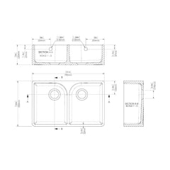 [BKS211W1] Fireclay Ceramic Double Bowl Butler Kitchen Sink with Full Weir, Tap Ledge, Overflows and Wastes, 795mm - Brushed Brass - Technical Drawing