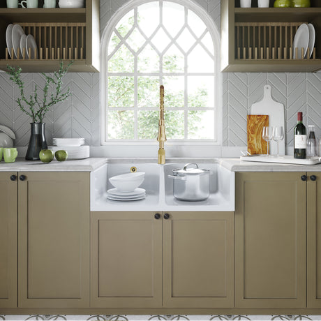 Fireclay Ceramic Double Bowl Butler Kitchen Sink with Full Weir, Tap Ledge, Overflows and Wastes, 795mm - Brushed Brass