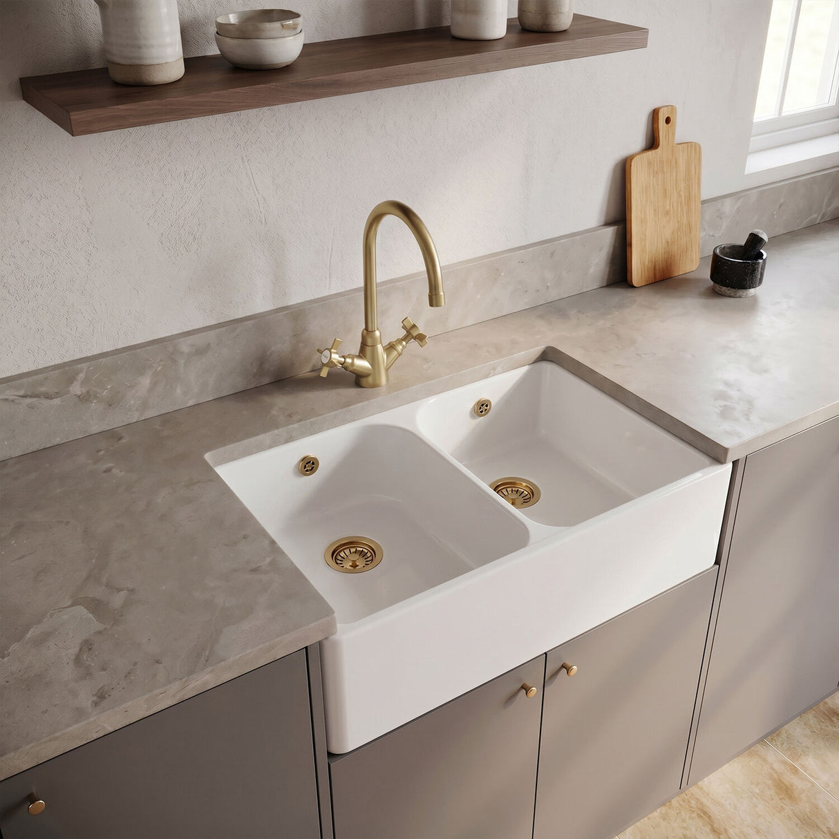 [BKS211WT11] Double Bowl Butler Sink with Overflow - Choice of Tap and Waste - 795mm - Silo