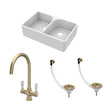 [BKS211WT12] Traditional Fireclay Kitchen Bundle: Double Bowl Full Weir Butler Sink with Wastes & Mono Lever Tap, 795mm - Brushed Brass - Cutout