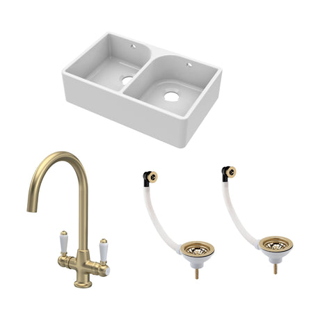 Fireclay Kitchen Bundle -  2 Bowl Full Weir Butler Sink with Wastes & Mono Lever Tap - 795mm - Brushed Brass