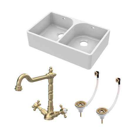 [BKS211WT13] Double Bowl Butler Sink with Overflow - Choice of Tap and Waste - 795mm - Cutout