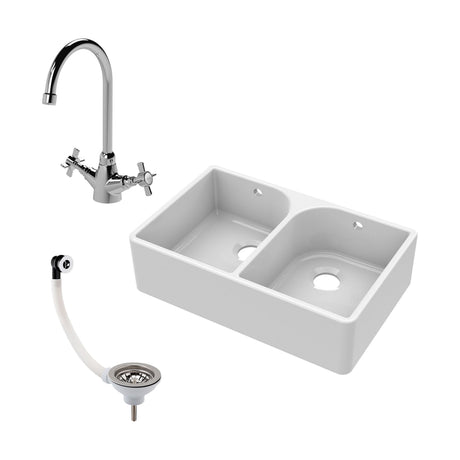 [BKS211WT2] Double Bowl Butler Sink with Overflow - Choice of Tap and Waste - 795mm - Cutout