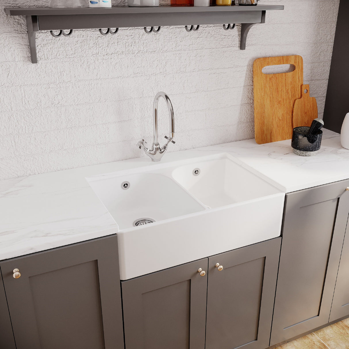 [BKS211WT2] Double Bowl Butler Sink with Overflow - Choice of Tap and Waste - 795mm - Lifestyle 3