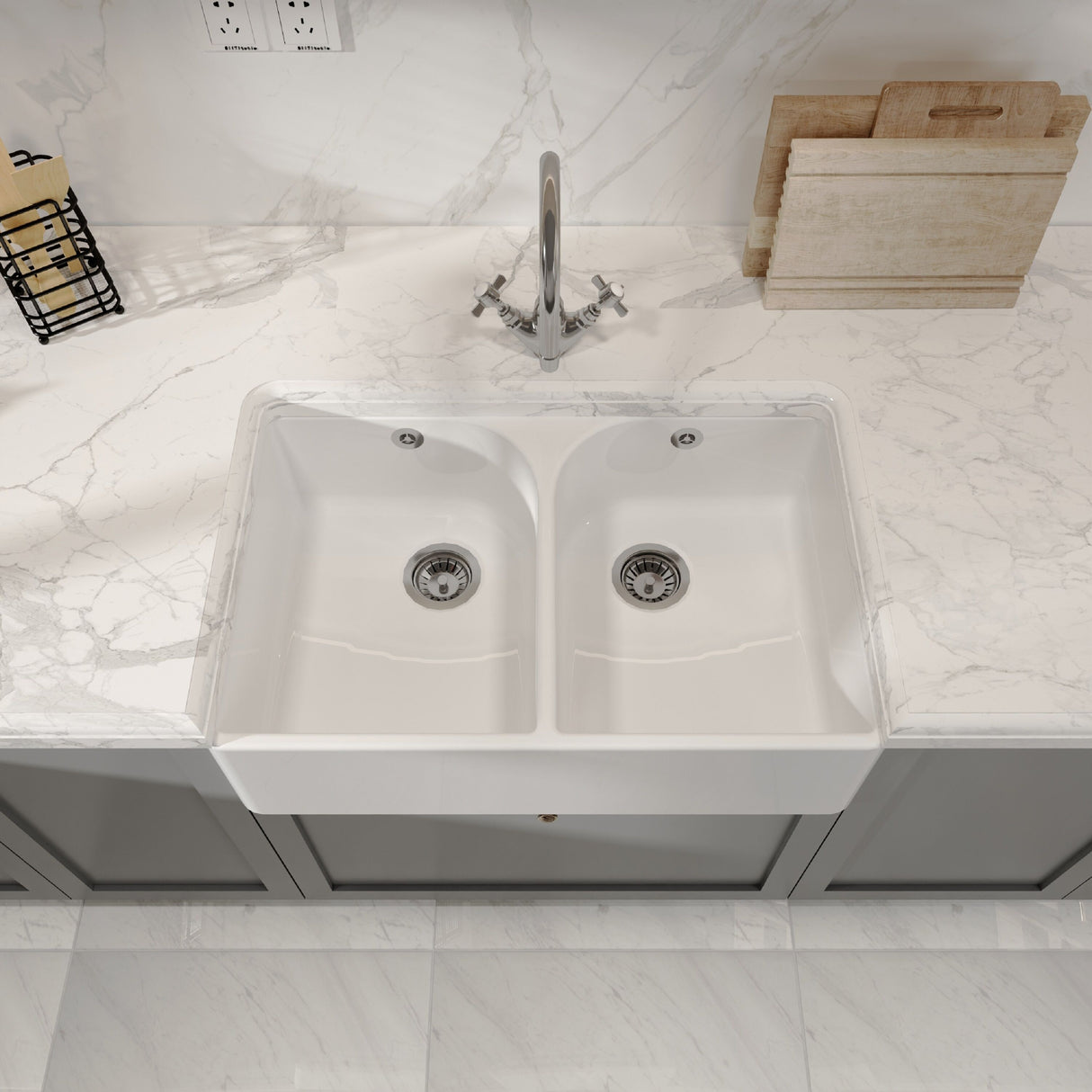 [BKS211W] Double Bowl Butler Sink with Overflow - Choice of Tap and Waste - 795mm - Lifestyle 2