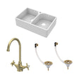 [BKS212WT11] Traditional Fireclay Kitchen Bundle: Double Bowl Full Weir 1 Tap Hole Butler Sink, Wastes & Mono Tap, 795mm - Brushed Brass - Cutout