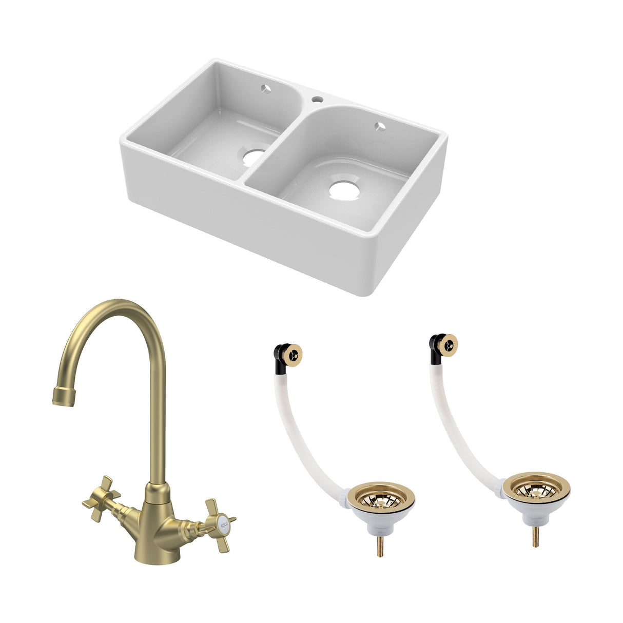 [BKS212WT11] Traditional Fireclay Kitchen Bundle: Double Bowl Full Weir 1 Tap Hole Butler Sink, Wastes & Mono Tap, 795mm - Brushed Brass - Cutout