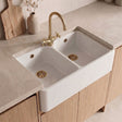 [BKS212WT11] Traditional Fireclay Kitchen Bundle: Double Bowl Full Weir 1 Tap Hole Butler Sink, Wastes & Mono Tap, 795mm - Brushed Brass - Silo