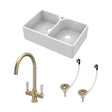 [BKS212WT12] Traditional Fireclay Kitchen Bundle:  2 Bowl Full Weir 1 Tap Hole Butler Sink with Wastes & Lever Tap, 795mm - Brushed Brass - Cutout