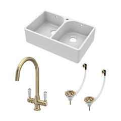 [BKS212WT12] Traditional Fireclay Kitchen Bundle:  2 Bowl Full Weir 1 Tap Hole Butler Sink with Wastes & Lever Tap, 795mm - Brushed Brass - Cutout