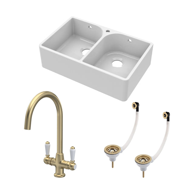 [BKS212WT12] Traditional Fireclay Kitchen Bundle:  2 Bowl Full Weir 1 Tap Hole Butler Sink with Wastes & Lever Tap, 795mm - Brushed Brass - Cutout