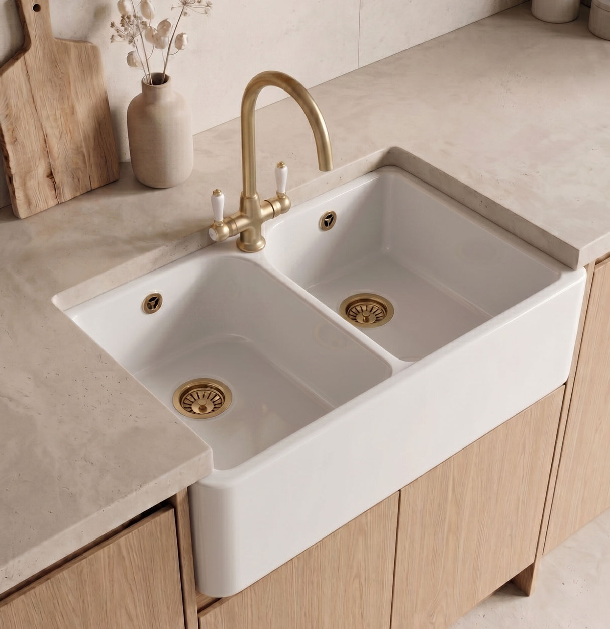 [BKS212WT12] Traditional Fireclay Kitchen Bundle:  2 Bowl Full Weir 1 Tap Hole Butler Sink with Wastes & Lever Tap, 795mm - Brushed Brass - Silo