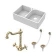 [BKS212WT13] Traditional Fireclay Kitchen Bundle: Double Bowl Full Weir 1 Tap Hole Butler Sink, Wastes & Classic Tap, 795mm - Brushed Brass - Cutout