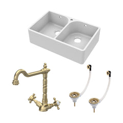 [BKS212WT13] Traditional Fireclay Kitchen Bundle: Double Bowl Full Weir 1 Tap Hole Butler Sink, Wastes & Classic Tap, 795mm - Brushed Brass - Cutout