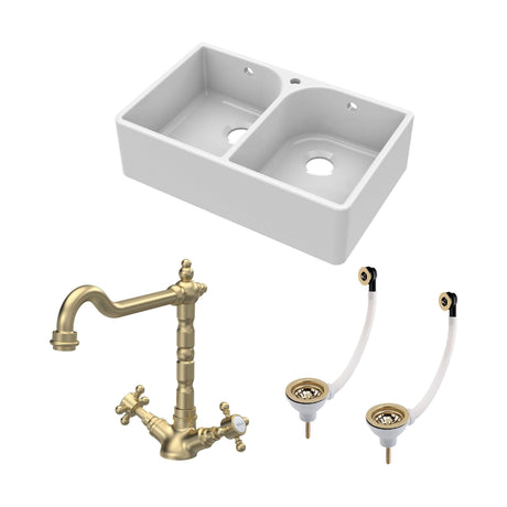 [BKS212WT13] Traditional Fireclay Kitchen Bundle: Double Bowl Full Weir 1 Tap Hole Butler Sink, Wastes & Classic Tap, 795mm - Brushed Brass - Cutout