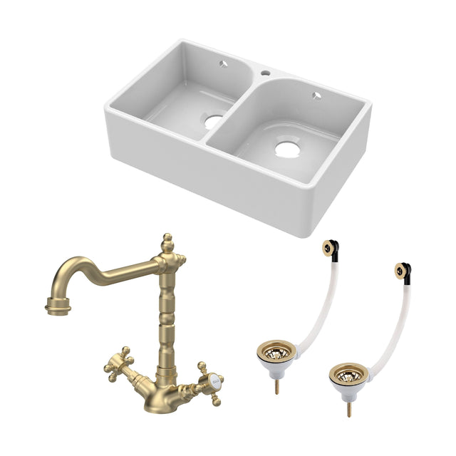[BKS212WT13] Traditional Fireclay Kitchen Bundle: Double Bowl Full Weir 1 Tap Hole Butler Sink, Wastes & Classic Tap, 795mm - Brushed Brass - Cutout