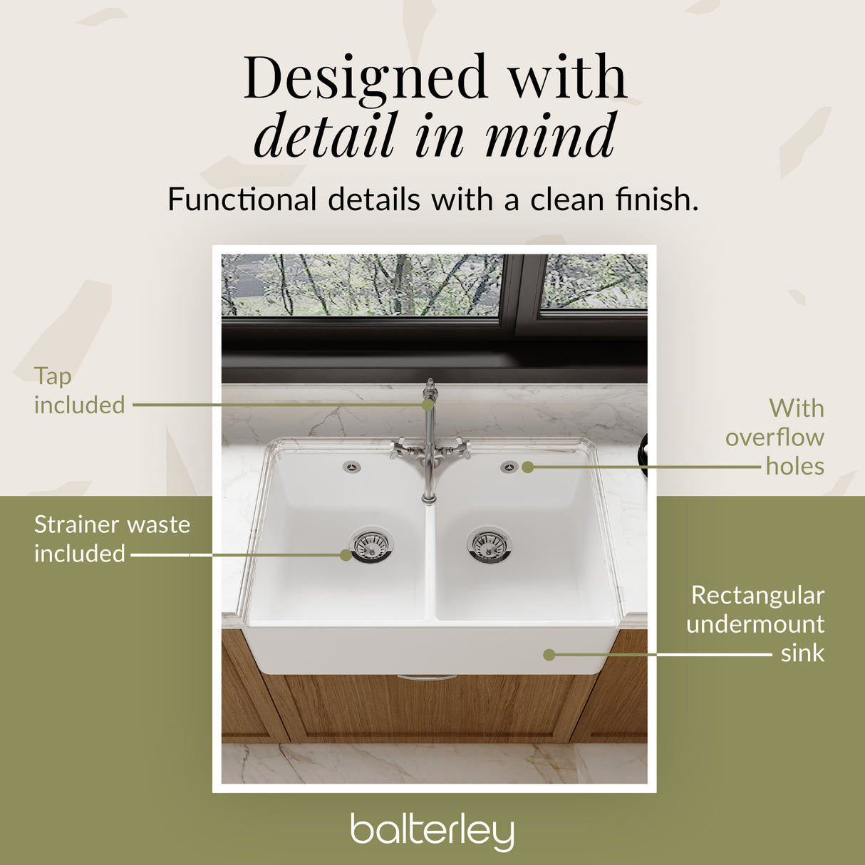 Double Bowl Fireclay Belfast Sink Bundle with Tap Hole & Full Wier, Basket Strainer Waste & Mono Mixer Tap