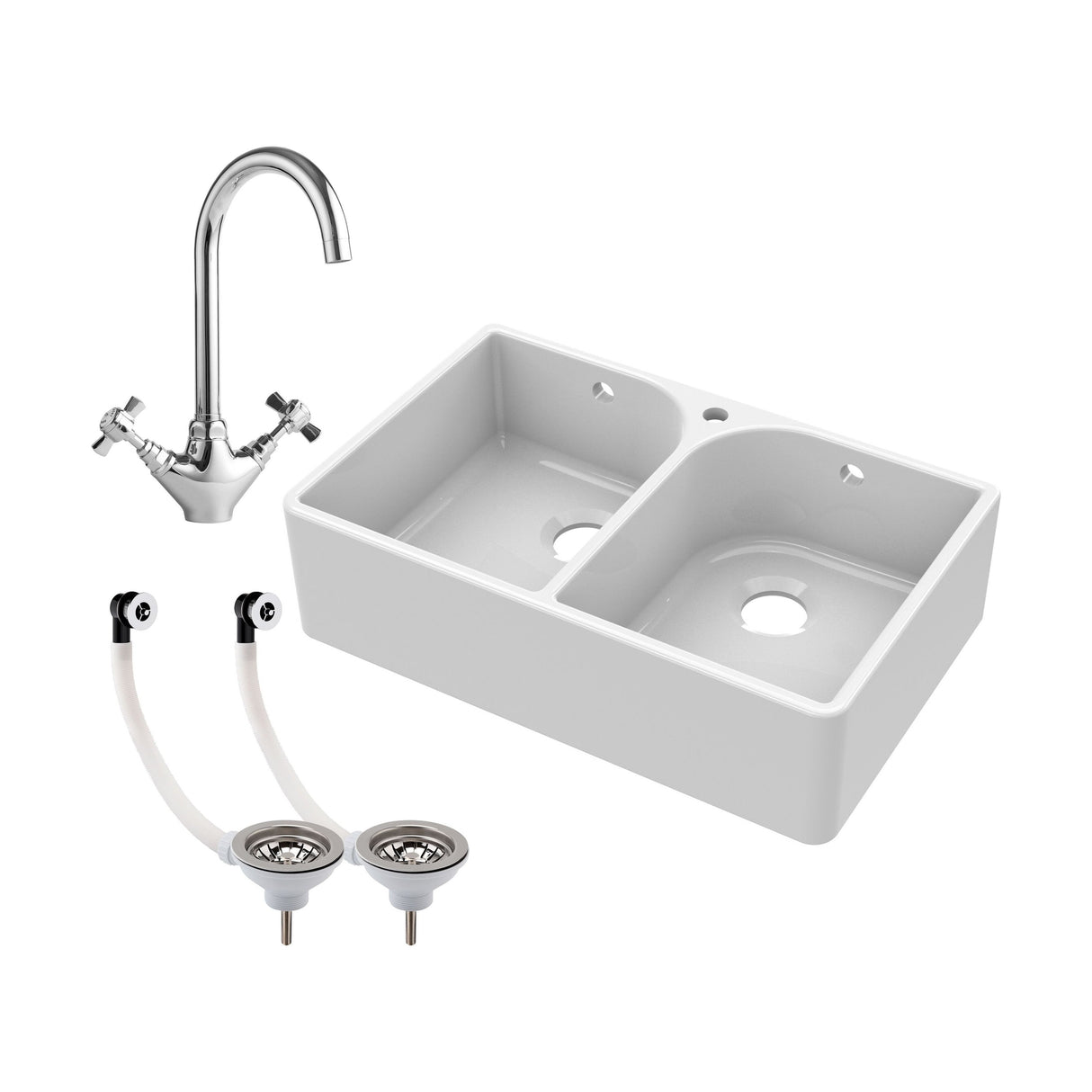[BKS212WT2] Traditional Double Bowl Fireclay Belfast Sink Bundle with Tap Hole & Full Wier, Basket Strainer Waste and Mono Mixer Tap - Cutout