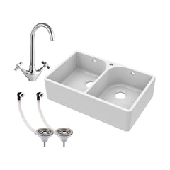 [BKS212WT2] Traditional Double Bowl Fireclay Belfast Sink Bundle with Tap Hole & Full Wier, Basket Strainer Waste and Mono Mixer Tap - Cutout