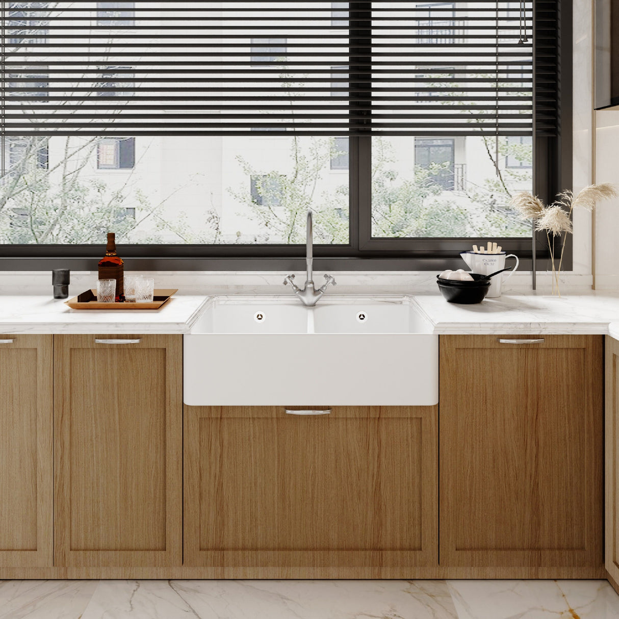 [BKS212WT2] Traditional Double Bowl Fireclay Belfast Sink Bundle with Tap Hole & Full Wier, Basket Strainer Waste and Mono Mixer Tap - Lifestyle 1