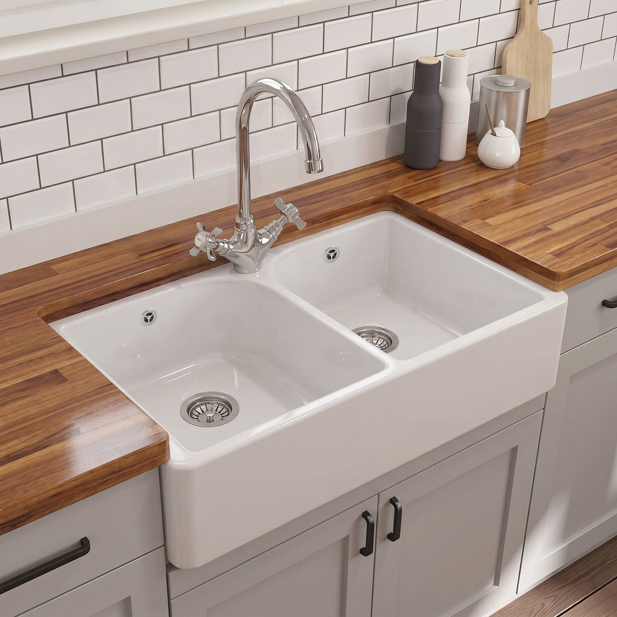 [BKS212WT2] Traditional Double Bowl Fireclay Belfast Sink Bundle with Tap Hole & Full Wier, Basket Strainer Waste and Mono Mixer Tap - Silo