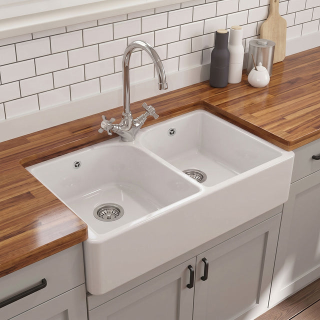 [BKS212WT2] Traditional Double Bowl Fireclay Belfast Sink Bundle with Tap Hole & Full Wier, Basket Strainer Waste and Mono Mixer Tap - Silo