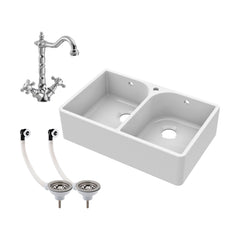 [BKS212WT4] Traditional Double Bowl Fireclay Ceramic Butler Kitchen Sink Bundle with Tap Hole, Weir & Wastes - 795mm - Cutout