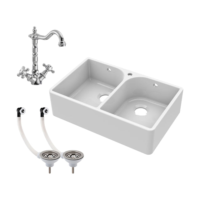 [BKS212WT4] Traditional Double Bowl Fireclay Ceramic Butler Kitchen Sink Bundle with Tap Hole, Weir & Wastes - 795mm - Cutout