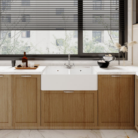 [BKS212WT4] Traditional Double Bowl Fireclay Ceramic Butler Kitchen Sink Bundle with Tap Hole, Weir & Wastes - 795mm - Lifestyle 1