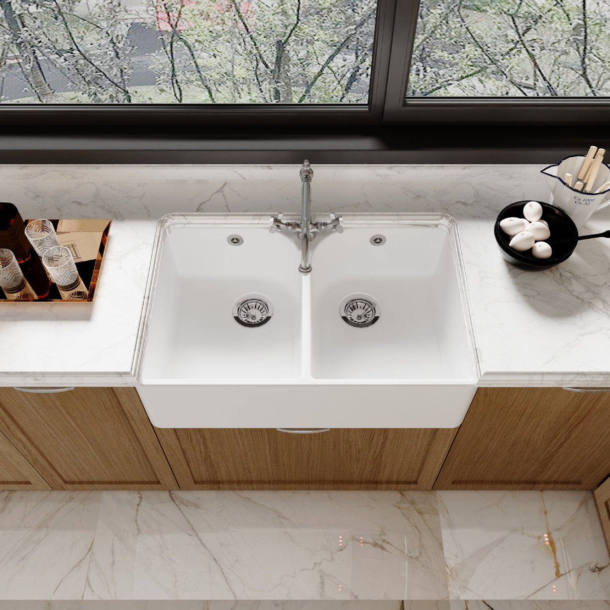 [BKS212WT4] Traditional Double Bowl Fireclay Ceramic Butler Kitchen Sink Bundle with Tap Hole, Weir & Wastes - 795mm - Lifestyle 2