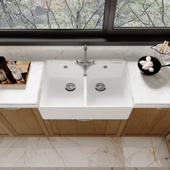 [BKS212WT4] Traditional Double Bowl Fireclay Ceramic Butler Kitchen Sink Bundle with Tap Hole, Weir & Wastes - 795mm - Lifestyle 2