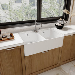 [BKS212WT4] Traditional Double Bowl Fireclay Ceramic Butler Kitchen Sink Bundle with Tap Hole, Weir & Wastes - 795mm - Lifestyle 3