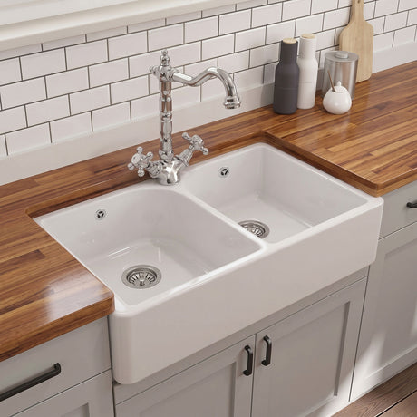 [BKS212WT4] Traditional Double Bowl Fireclay Ceramic Butler Kitchen Sink Bundle with Tap Hole, Weir & Wastes - 795mm - Silo