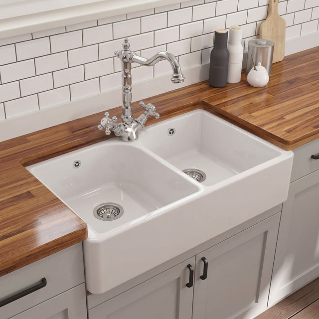 [BKS212WT4] Traditional Double Bowl Fireclay Ceramic Butler Kitchen Sink Bundle with Tap Hole, Weir & Wastes - 795mm - Silo
