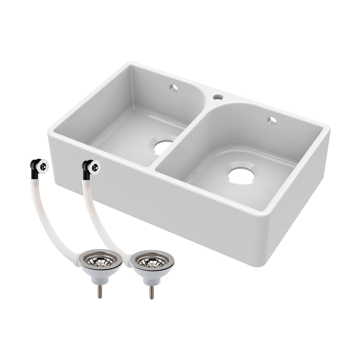 [BKS212W] Double Bowl Fireclay Ceramic Butler Kitchen Sink with Full Weir, Tap Hole and Chrome Basket Strainer Wastes with Overflow - 795mm - Cutout