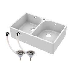 [BKS212W] Double Bowl Fireclay Ceramic Butler Kitchen Sink with Full Weir, Tap Hole and Chrome Basket Strainer Wastes with Overflow - 795mm - Cutout