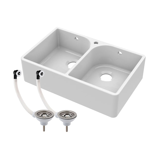 [BKS212W] Double Bowl Fireclay Ceramic Butler Kitchen Sink with Full Weir, Tap Hole and Chrome Basket Strainer Wastes with Overflow - 795mm - Cutout