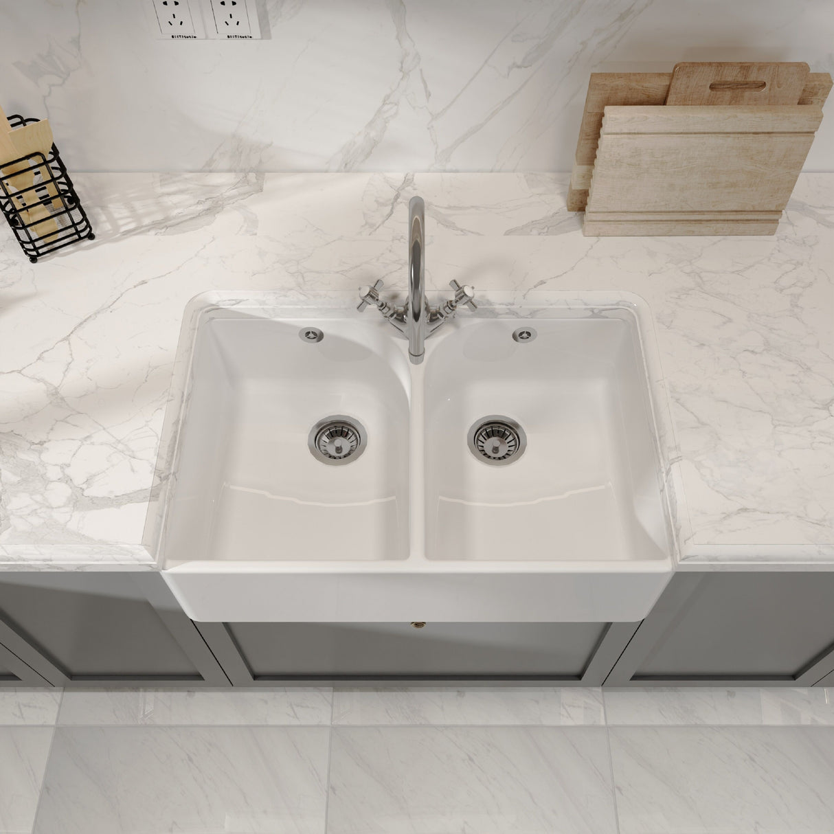 [BKS212W] Double Bowl Fireclay Ceramic Butler Kitchen Sink with Full Weir, Tap Hole and Chrome Basket Strainer Wastes with Overflow - 795mm - Lifestyle 2