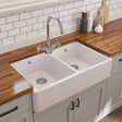 [BKS212W] Double Bowl Fireclay Ceramic Butler Kitchen Sink with Full Weir, Tap Hole and Chrome Basket Strainer Wastes with Overflow - 795mm - Silo