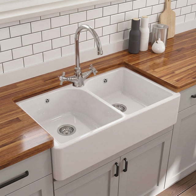 [BKS212W] Double Bowl Fireclay Ceramic Butler Kitchen Sink with Full Weir, Tap Hole and Chrome Basket Strainer Wastes with Overflow - 795mm - Silo