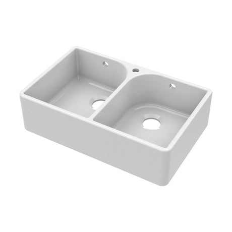 [BKS212] Double Bowl Fireclay Ceramic Butler Kitchen Sink with Full Weir, Overflows and Tap Hole - 795mm - Cutout