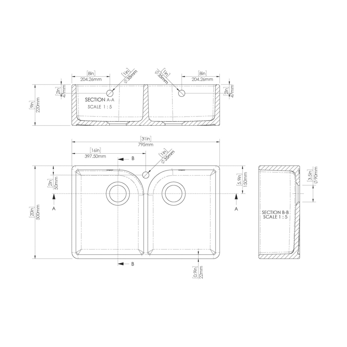 [BKS212] Double Bowl Fireclay Ceramic Butler Kitchen Sink with Full Weir, Overflows and Tap Hole - 795mm - Technical Drawing