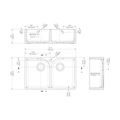 [BKS212] Double Bowl Fireclay Ceramic Butler Kitchen Sink with Full Weir, Overflows and Tap Hole - 795mm - Technical Drawing