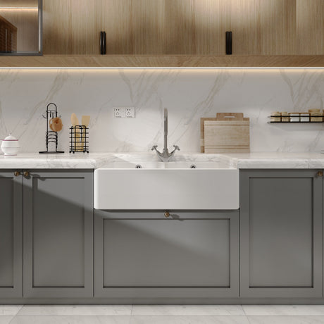 [BKS212] Double Bowl Fireclay Ceramic Butler Kitchen Sink with Full Weir, Overflows and Tap Hole - 795mm - Lifestyle 1
