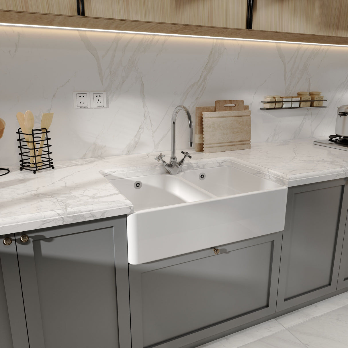 [BKS212] Double Bowl Fireclay Ceramic Butler Kitchen Sink with Full Weir, Overflows and Tap Hole - 795mm - Lifestyle 3
