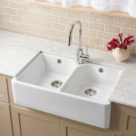 [BKS212] Double Bowl Fireclay Ceramic Butler Kitchen Sink with Full Weir, Overflows and Tap Hole - 795mm - Silo