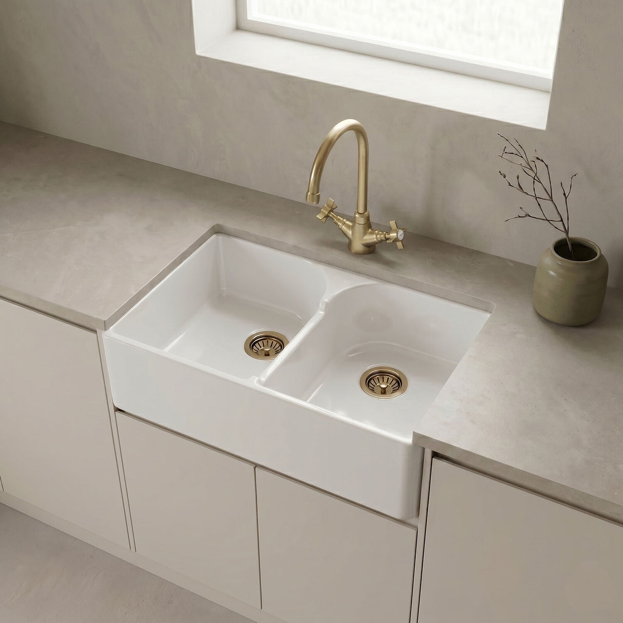 [BKS213WT11] Traditional Fireclay Kitchen Bundle: Double Bowl Stepped Weir Butler Sink, Wastes & Mono Crosshead Tap, 795mm - Brushed Brass - Silo
