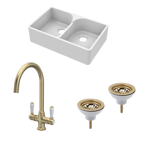 Fireclay Kitchen Bundle -  2 Bowl Stepped Weir Butler Sink, Wastes & Mono Lever Tap, 795mm - Brushed Brass